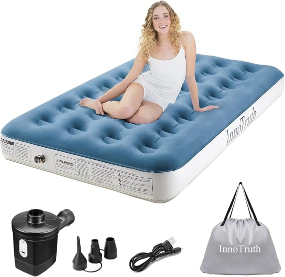 InnoTruth Raised Air Mattress with Built-in Pump ,18in Elevated Inflatable Mattress with Carrying Bag for Home and Camping, Twin & Queen Size Blow Up Bed,Black & Gray