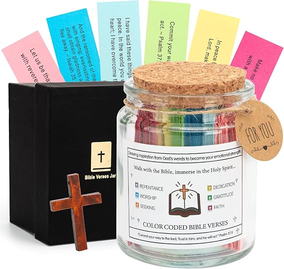 Bible Verse Jar, Christian Gifts for Women Men,Daily Scripture Prayer Hope Request Jar, Color Coded Bible Verses, Religious Christmas Bible Gift For Women Men
