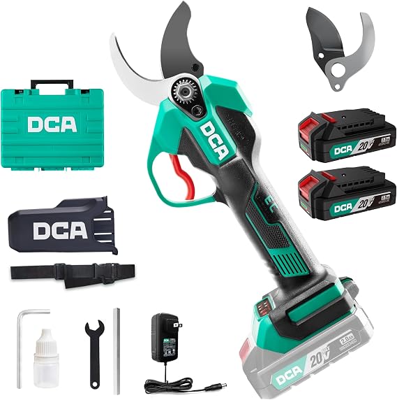 DCA Brushless 20V Battery Powered Electric Pruning Shears Cordless, 1.4" Power Pruner with SK5 High Carbon Steel Blade & 2 * 2.0Ah Batteries, Professional Tree Branch Cutter for Yard Garden