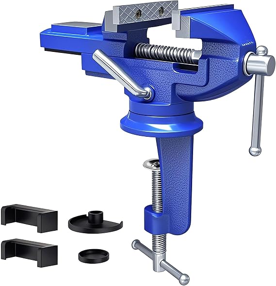 Vice 360° Rotatable 80 mm Table Vice, Blue, 4 Rubber Pads, Workbench Clamp for Woodworking, Drilling, Cutting