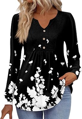 Long Sleeve Shirts for Women V Neck Loose T-Shirts Casual Fall Tees Pleated Dressy Blouses Button Down Tunic Tops