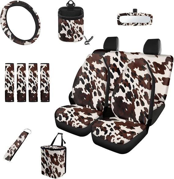 INSTANTARTS Brown Cow Pattern Car Seat Cover Full Set 13 Pieces 4 Pieces Car Seat Covers Steering Wheel Cover Keychain Car Trash Can Car Dash Accessories Rearview Mirror Cover