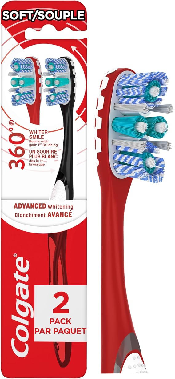 Colgate 360 Optic White Advanced Toothbrush, Soft Toothbrush for Adults, 2 Pack