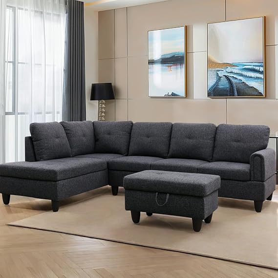 GlasFlength L Shaped Sectional Couch Sofa with Ottoman, Modern Couches for Living Room, Microfiber Facing, Bedroom