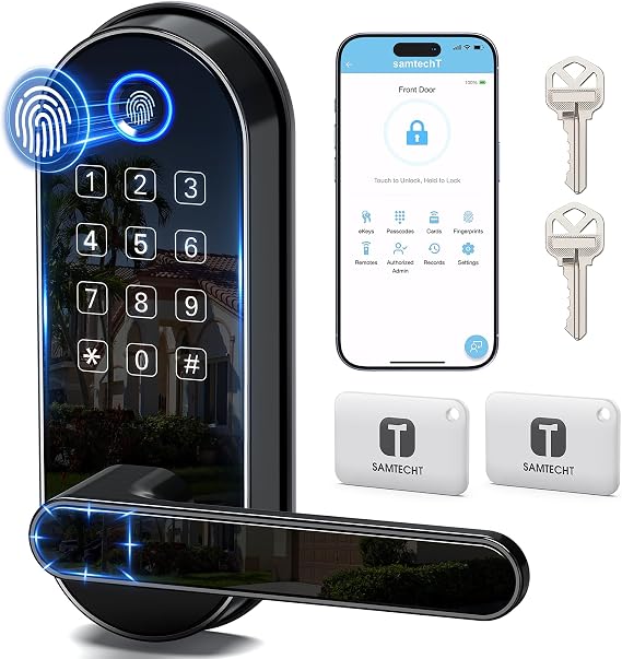 Bluetooth Fingerprint Smart Lock with Handle & Keypad – Fits Most US Doors, DIY Install, Keyless Entry: Code, FOB, Auto-Lock. Ideal for Home, Airbnb, Rental, Kids, Seniors. Alexa & Google Compatible