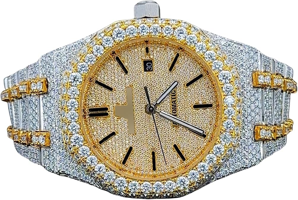 25 CT Moissanite Diamond Iced Out Watch Men's Fully Round Cut Diamond Gold Watch