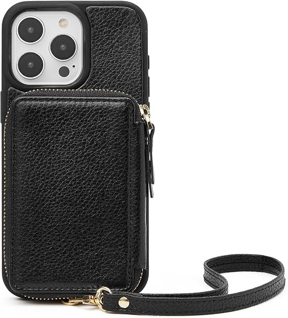 ZVE Wallet Case for iPhone 12 and 12 Pro, RFID Blocking Card Holder Phone Case with Wrist Strap, Leather Handbag Case for Women Protective Cover for iPhone 12 Pro/12 6.1" - Black 01