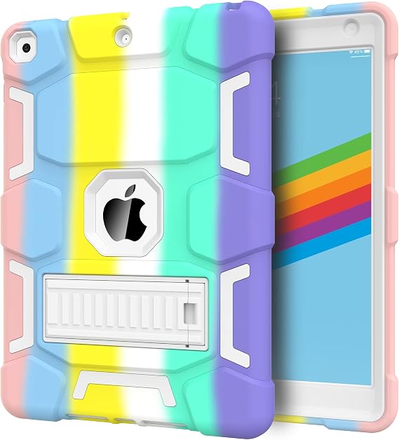 CCMAO for iPad 9th/8th/7th Generation 10.2 Inch Case 2021/2020/2019, with Kickstand, Heavy Duty Shockproof Hybrid Three Layer Protective Cover, Rainbow