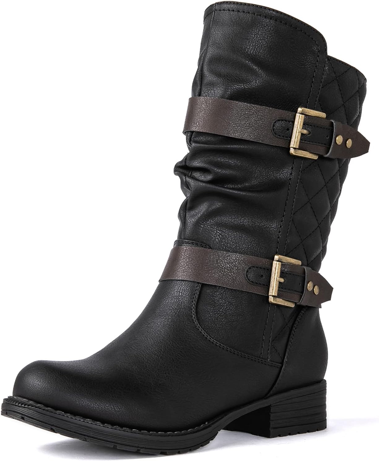 GLOBALWIN Womens Mid Calf Boots Fashion Moto Boots For Women With Buckle Straps, Side Zipper, And Low Block Heel Biker Boots For Fall Spring Winter