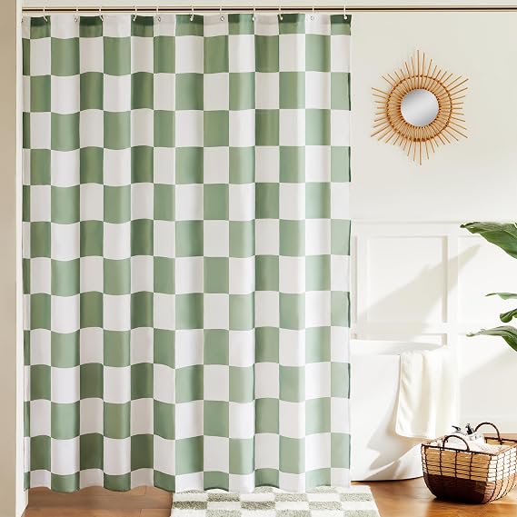 Checkered Shower Curtain, Sage Green Shower Curtains for Bathroom, Cute Retro Checkerboard Vintage Aesthetic, Machine Washable Fabric Bath Curtain,