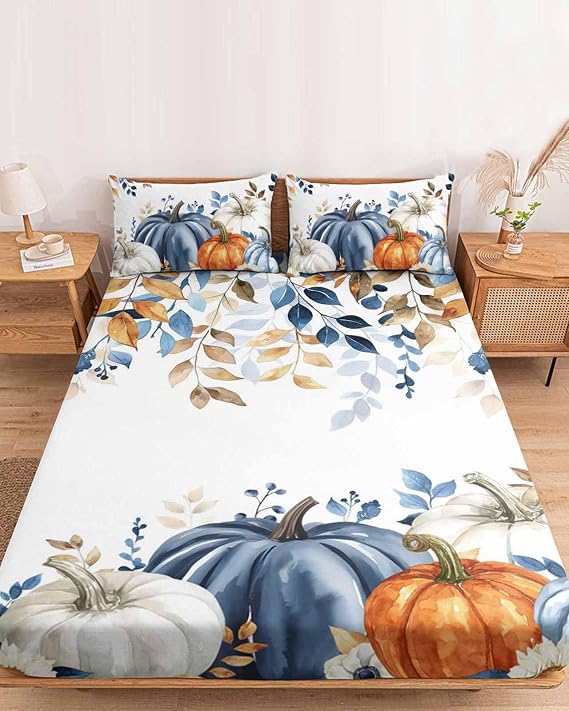 Bedding California King Size Fitted Sheets Fit 5"-16" Deep Pocket Mattress,Orange Pumpkin Fall Eucalyptus Leaf Soft Bottom Sheet Thanksgiving Harvest Fitted Sheet Bed Set with Pillow Case