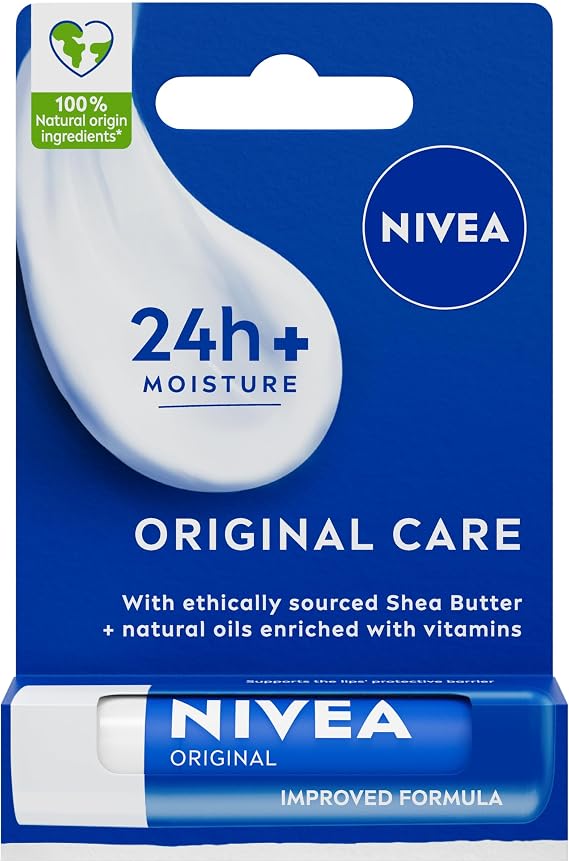 NIVEA Lip Balm Original Care (4.8g) Lip Balm Deeply Hydrates Lips for 24h+, with 100% Natural Origin Ingredients, Shea Butter, and Vitamins, Lip Care
