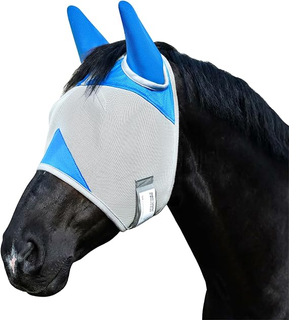 Horse Fly Mask with Ears, UV Block Breathable Mesh (Blue, L)
