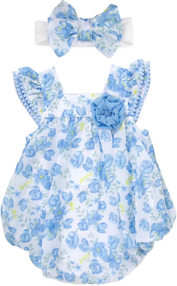Baby Essentials Baby Girl Romper with Headband, 100% Polyester Infant Outfit for 3 to 9 Months, Spring Summer Baby Clothes