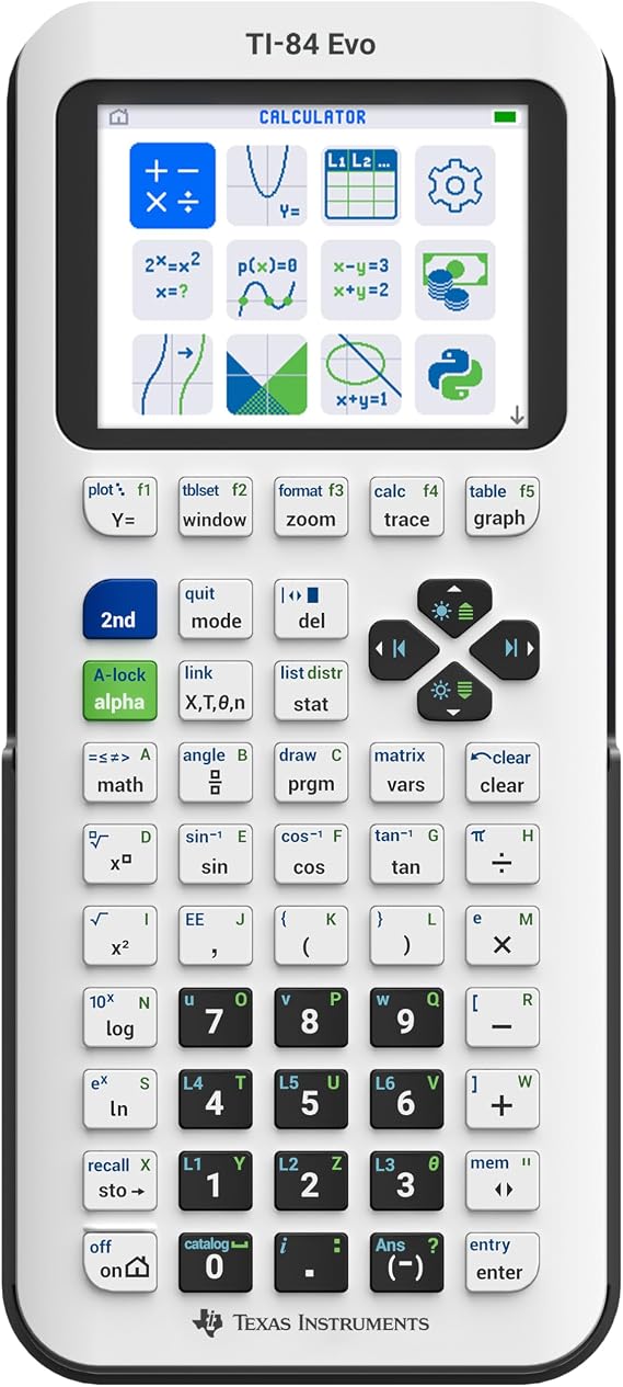 TI-84 Evo Graphing Calculator Texas Instruments, White | Intuitive Icon-based Homescreen, USB-C Charging, Python Programming, Faster Performance, Bigger Graphs than TI-84 Plus CE