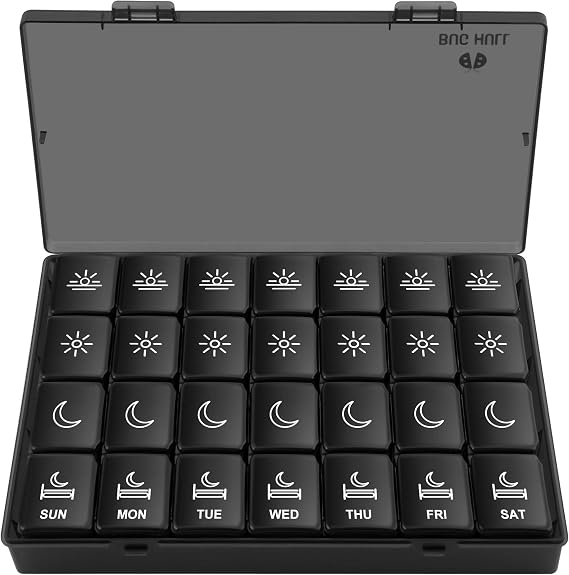 XL Pill Organizer 4 Times a Day,BUG HULL Large Weekly Pill Box for Travelling, Portable Pill Cases 7 Day pill Container Removable Daily Medicine Organizer for Cod-liver oil,Vitamins,Supplements(Black)