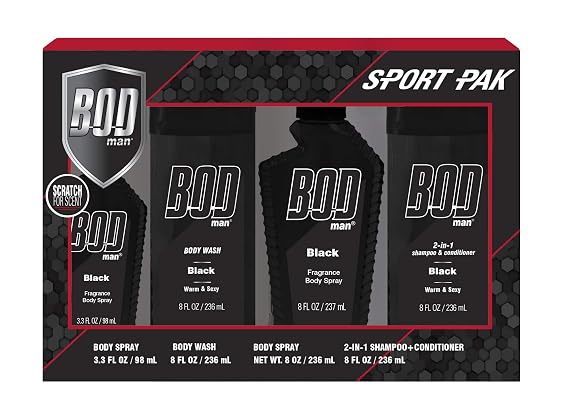 BOD man Bod Man Black Grooming Kit: 8oz 2n1 Shampoo & Conditioner, 8oz Body Wash, 8oz Fragrance Body Spray, and Travel 3.3oz Fragrance Body Spray, 27.3 ounces