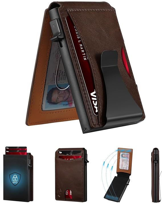 Zitahli Slim Wallet for Men, Pop Up Metal Wallet with Money Clip & ID Window, RFID Blocking Credit Card Holder, Bifold Card Wallet Holds Up to 9 Cards Plus 8-10 Bills, Gifts for Men