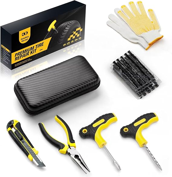 Flat Tyre Repair Kit - Puncture Plug and Patch Kit with Sealant Ideal for Car Truck Motorcycle Bicycle - Quick Repair