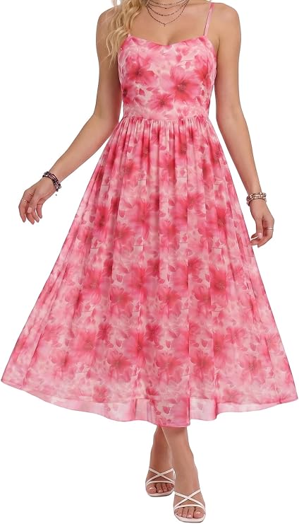Women's Summer Floral Maxi Dresses Elegant Spaghetti Strap Flowy Sleeveless Long Sundress Cocktail Prom Evening Gown