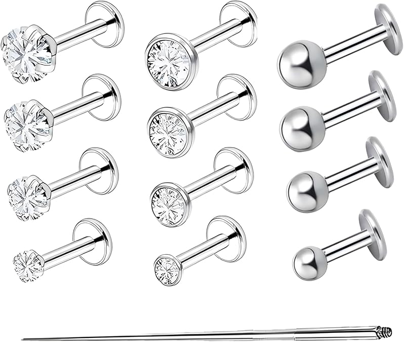 13Pcs Helix Piercing Jewellery Set, Flat Back Earrings with Perforate Tool | Cartilage earrings set: 12 studs + perforate Tool. 3 styles/4 sizes. Use for helix, tragus, nose, lip. Silver-tone, durable.