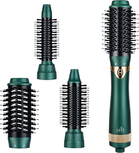 3 in 1 Hair Dryer and Volumizer, Ceramic Negative Ion Curling Dryer Styler with 3 Interchangeable Brush Heads, Green