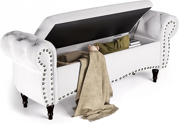 ZZW Storage Ottoman Bench, 51" Upholstered Bench & Ottoman with Safety Hinge, Tufted Bed Bench with Rolled Arm and Nailhead Trim, End of Bed Storage Bench for Bedroom, Living Room, Entryway White