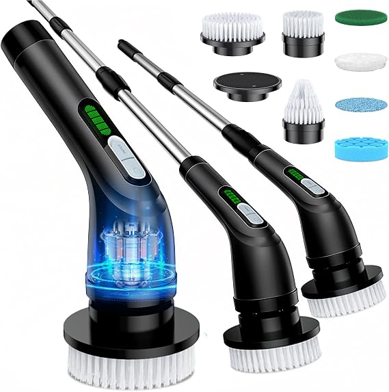 Electric Spin Scrubber, 2-Speed Cleaning Brush, Extendable Handle (Black)