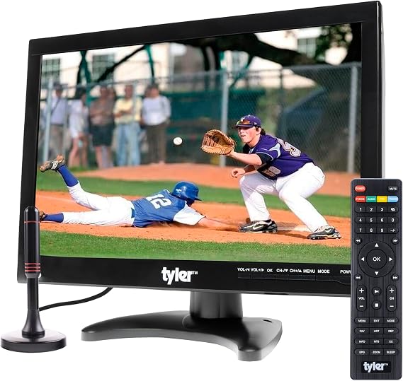 Tyler 14 Portable TV LCD Monitor 1080P Rechargeable Lithium Battery Operated, 2 Antenna, HDMI, USB, RCA, FM Radio, Digital Tuner, AV Inputs, AC/DC, TV Stand and Remote Control for Car Travel