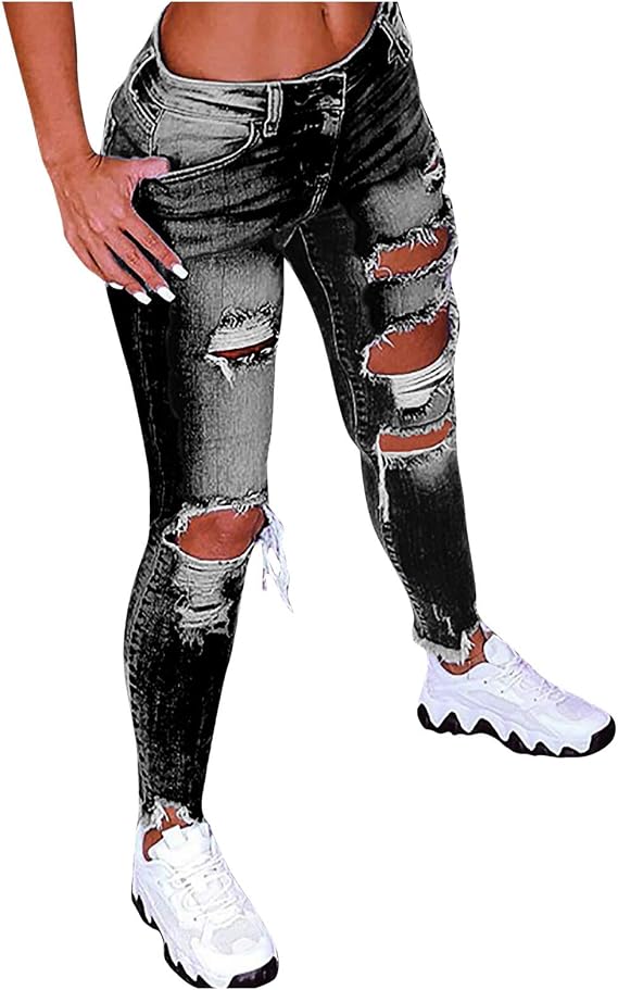 WUAI-Women Ripped Boyfriend Jeans Cute Distressed Jeans Stretch Skinny Jeans Destroyed Pull On Denim Pants with Hole
