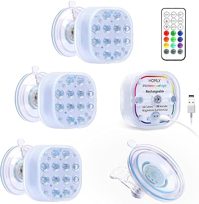 Homly Rechargeable LED Pool Lights for Inground Pool, Above Ground Pool Lights Waterproof Pool Underwater Lights Submersible Led Lights with 16 Colors, Remote, Huge Suction Cup, Magnetic, 4-Pack