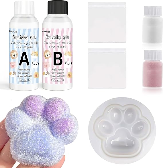 Anergoo Taba Squishy Making Kit - DIY Squishy Maker with 3" Paw Animal Silicone Molds, Liquid Gel & Flocking - Create Cute Squishies Adults 200g
