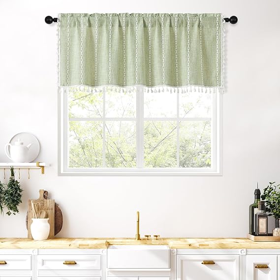 MitoVilla Boho Farmhouse Kitchen Valances for Windows, Sage Green French Country Valance Curtains for Living Room/Bedroom, Modern Rustic Linen Tassel Topper Window Curtain, 52W x 18L