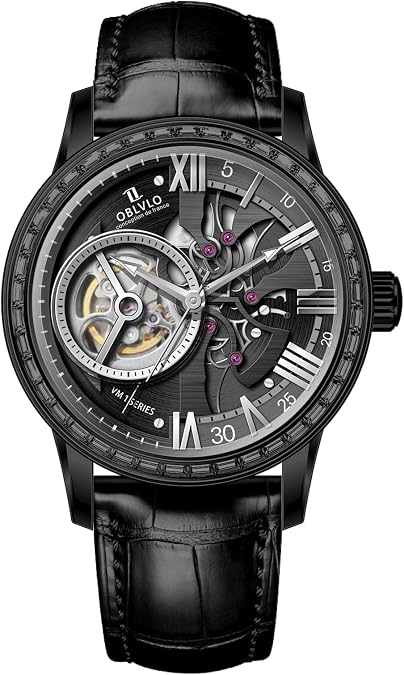 OBLVLO Retro Mens Diamonds Bezel Hollow-Out Automatic Watch Calfskin Strap Synthentic Sapphire Waterproof Leather Mechanical Wristwatch VMQ-DD