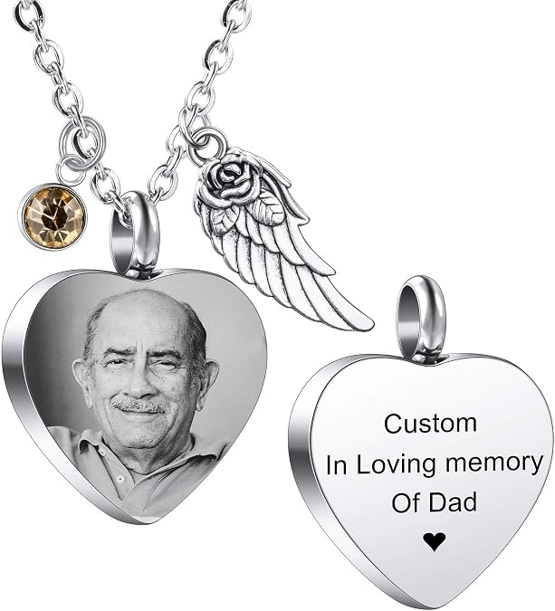 MeMeDIY Personalized Angel Wing Pendant Heart Urn Necklace Bracelet Engraving Photo/Name Custom Birthstones for Men Women Pet Stainless Steel Ashes Memorial Keepsake Cremation Funnel Kit