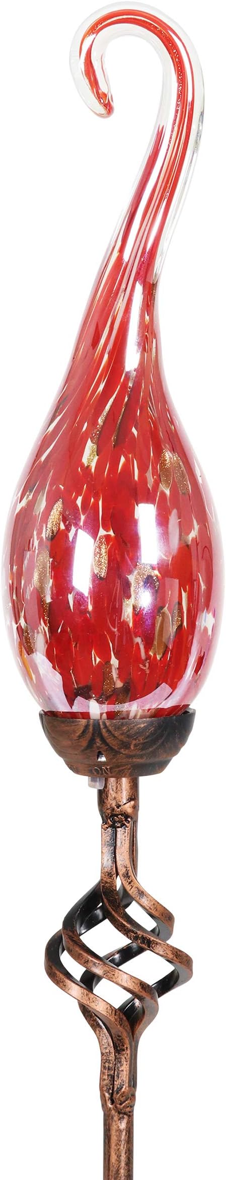 Exhart Solar Red Spiral Flame Garden Stake, Hand-Blown Glass & Metal Outdoor LED Decor Light, 3x36