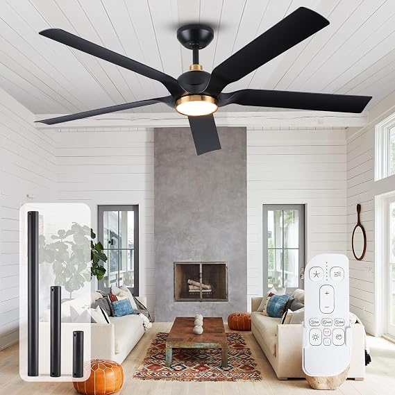 60 inch Outdoor Ceiling Fan for Patios with Light, Modern Black Low Profile DC Ceiling Fan with 5 Blades, 3 CCT LED Dimmable, 6 Speed Reversible High CFM Fan for Exterior House Porch Gazebo
