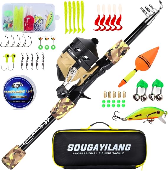 Sougayilang Fishing Rod and Reel Combo,Light Weight Fishing Pole with Spincast Fishing Reel Tackle Bag Lures Good Starter Fishing Kit