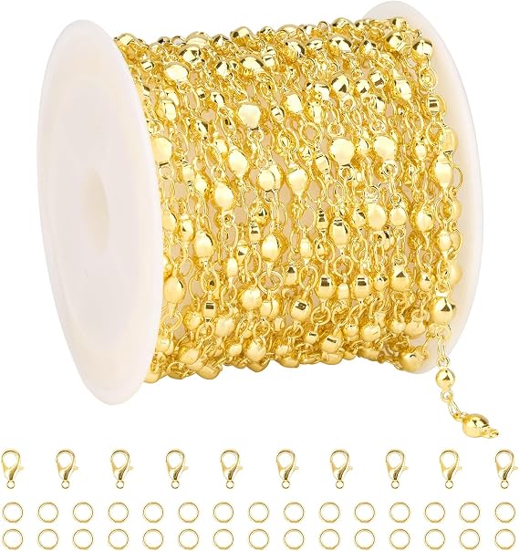 Crisjanggo 13 Feet/4 M Gold Beaded Chains Roll for Jewelry Making Gold Plated Brass Chain Spool with Lobster Clasps Jump Rings Necklace Bracelet Crafting Supplies