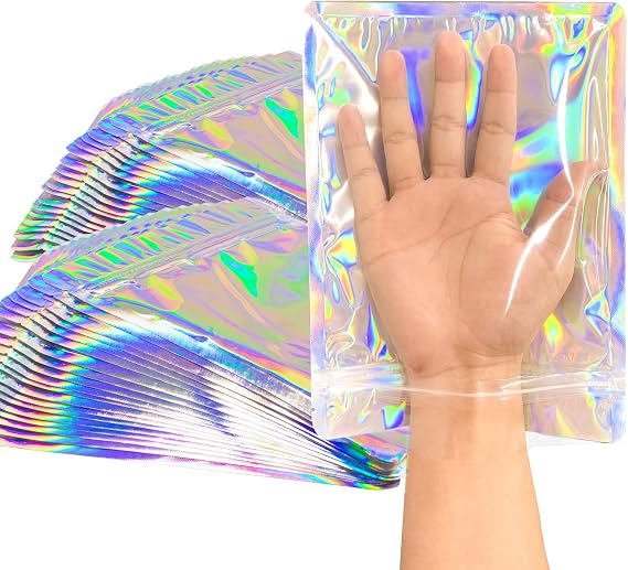 Holographic Bags & Resealable Foil Pouch Mylar Sample Bag Great for Party Favor Food Storage Smell Proof Bags, 50pcs 5x7