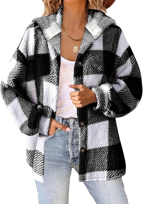 Sherpa Jacket For Women Fuzzy Fleece Winter Coats Plaid Button Down Shacket Casual Warm Teddy Coat Outwear 2025