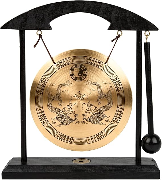 Zen Art Tabletop Brass Gong Feng Shui Desk Bell for Meditation Home Office | Wood Stand with Mallet Chinese Dragons Taiji Symbol Lucky Coin Prosperity Good Fortune Decor Housewarming Blessing Gift
