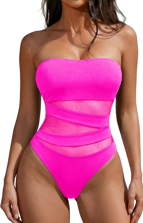 Holipick Women Strapless Bandeau One Piece Swimsuits Sexy Mesh Cutout Bathing Suits Tummy Control Swimwear