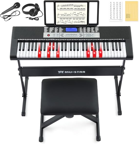 MUSTAR Keyboard Piano, 61 Key Electric Piano Keyboard with Light-Up Keys | 255 Tones/Rhythms,Smart Learning System,Headphone,Microphone,Keyboard Stand, Stool, Stickers,Piano Keyboard Set for Beginners