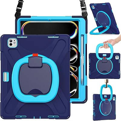BRAECN Case for iPad Pro 13 Inch M4M5 20242025, Protective Rugged Silicone Cover with 360 Rotating Kickstand, Ultra Stable Stand, Pencil Holder, Handle Grip, Adjustable Shoulder Strap, Navy Blue