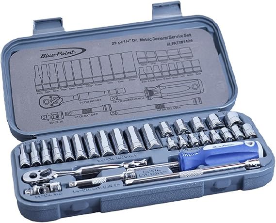 Blue Point BLPATSM1429 29-Piece 1/4" Drive Metric Socket Set, 6-Point Shallow & Deep Sockets 4-14mm, Quick Release Ratchet, Extension Bars, Universal Joint & Storage Case