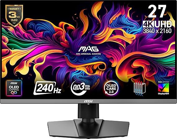 msi MAG 272UP QD-OLED X24 27-Inch 4K UHD Gaming Monitor, 3840 x 2160, Quantum Dot OLED Panel, 240Hz, 0.03ms, DisplayHDR True Black 400, AMD FreeSyncTM Premium Pro, USB C (15W PD), Frame-Less, Black