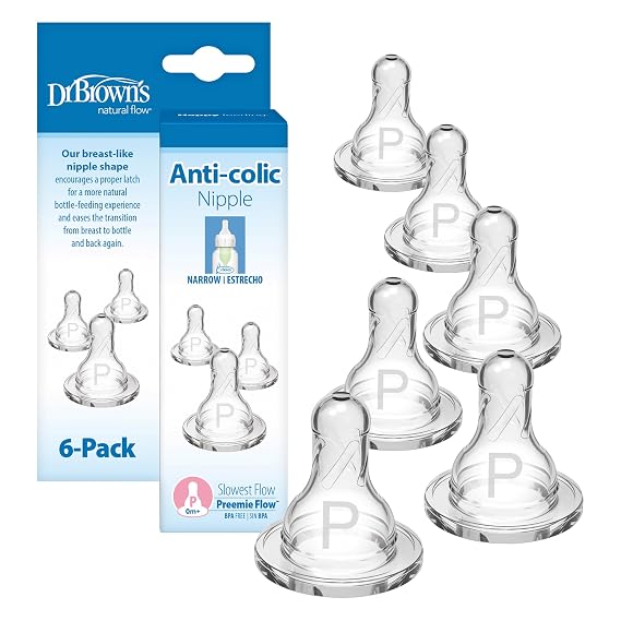 Dr. Browns Natural Flow Preemie Flow Narrow Baby Bottle Silicone Nipple, Slowest Flow, 0m+, 100% Silicone Bottle Nipple, 6 Count(Pack of 1)