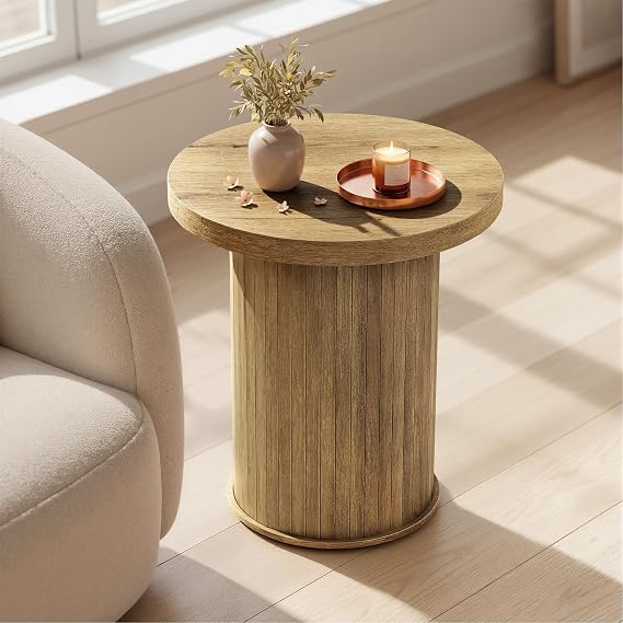 VASAGLE Round Side Table, Tambour End Table, Mid Century Modern Nightstand, Easy Assembly, for Small Spaces, Living Room, Bedroom, Home Office, 17.7 x 19.7 Inches, Natural Brown ULET295K101