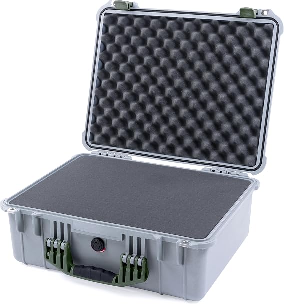 Pelican 1550 Case by ColorCase - Silver - Medium Size Waterproof Case with Pick & Pluck Foam Set & Convoluted Lid Foam - OD Green Handles & Latches